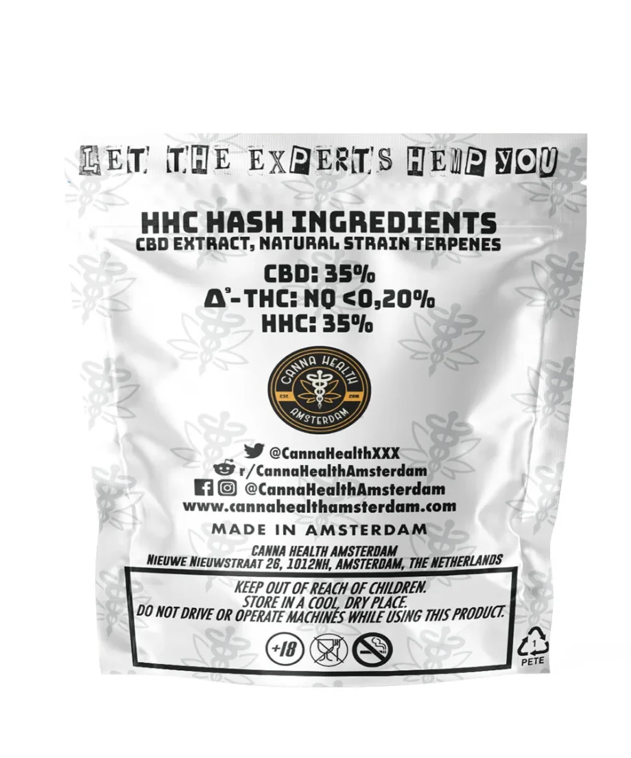 HHC Black n white hash back side - canna health amsterdam HHC HASH / HASHISH - 0% Δ9-THC, 0% Δ8-THC - 35% CBD - 35% HHC - 1G - Image 2