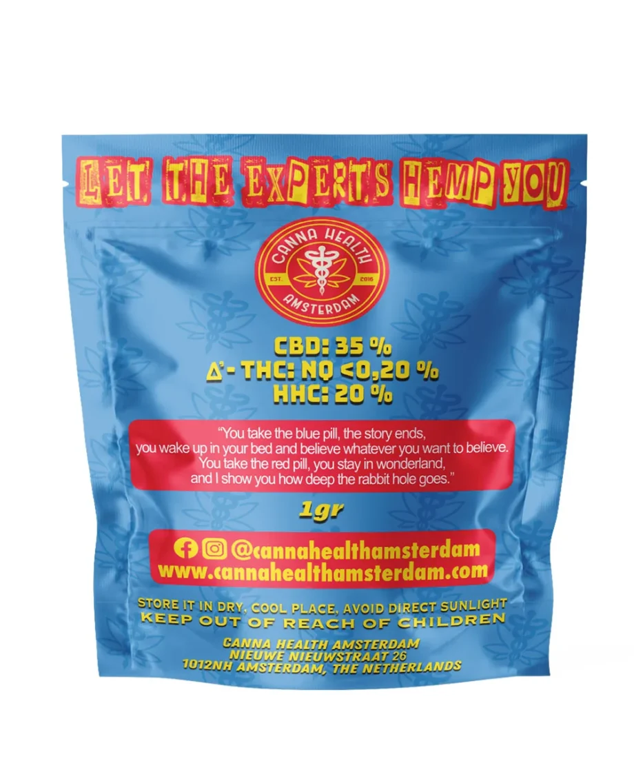 HHC-HASH- RED-N-BLUE - BACK SIDE - CANNA HEALTH AMSTERDAM HHC HASH / HASHISH - 0% Δ9-THC, 0% Δ8-THC - 41,7% CBD, 20% HHC - 1G – Bild 2